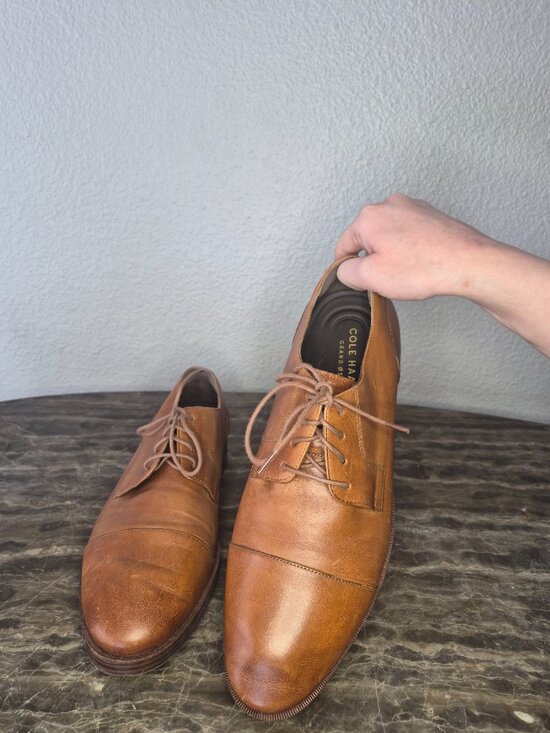 Cole Haan Grand Os Mens 10 1/2M Derby Camel Tan Leather C23771 Dress Shoes